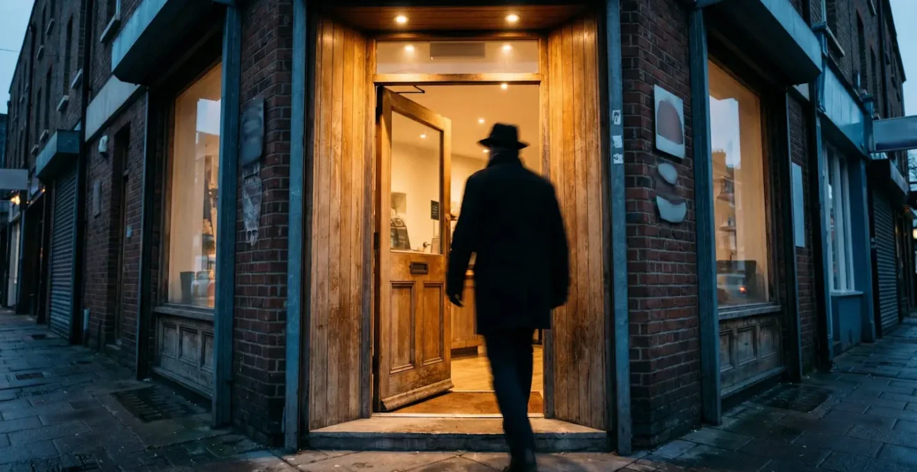 Porte d'entrée chaleureuse d'un commerce symbolisant le passage d'un client occasionnel à un client fidèle