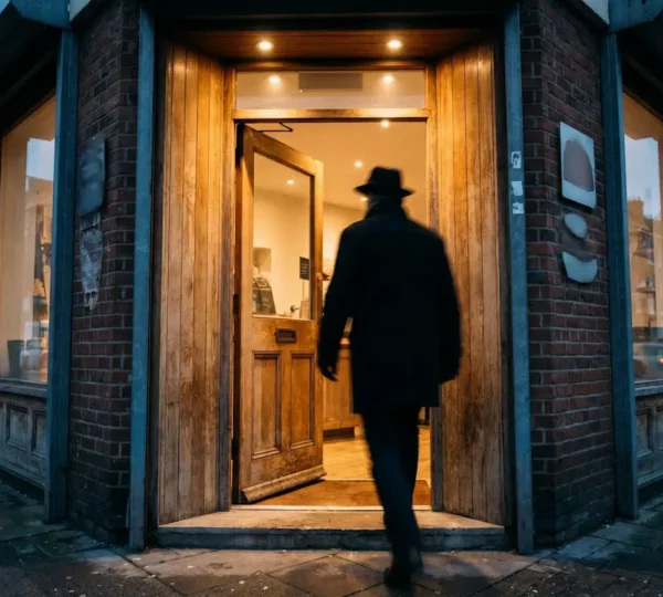 Porte d'entrée chaleureuse d'un commerce symbolisant le passage d'un client occasionnel à un client fidèle