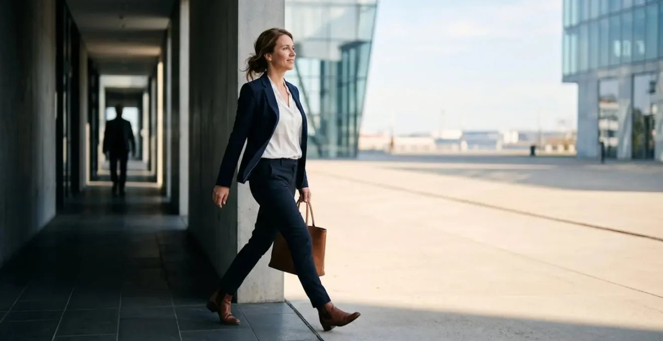 Silhouette d'une personne en costume de bureau qui franchit le seuil d'un couloir d'entreprise pour entrer dans un espace ouvert et lumineux, symbolisant la transition mentale du salariat vers l'entrepreneuriat