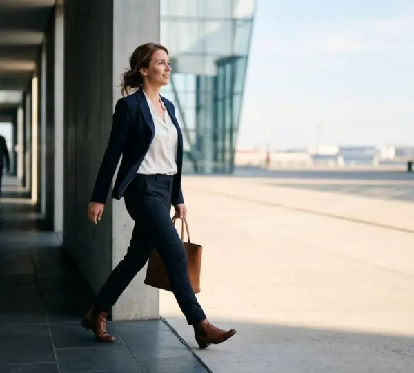 Silhouette d'une personne en costume de bureau qui franchit le seuil d'un couloir d'entreprise pour entrer dans un espace ouvert et lumineux, symbolisant la transition mentale du salariat vers l'entrepreneuriat